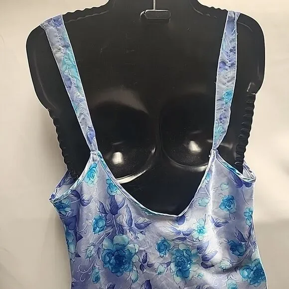 VTG 90sExpressions California Dynasty Blue Satin Floral Strappy Slip Dress Sz M - Picture 11 of 14